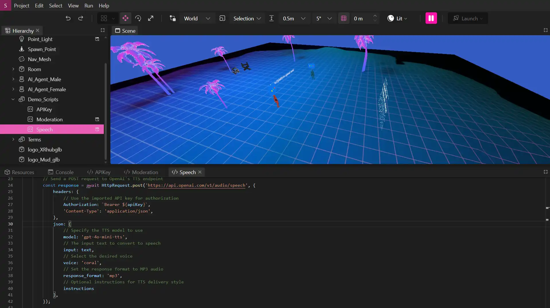 MUD Foundation XR Creator Studio showing a virtual environment with a blue grid landscape, palm trees, AI agents, and scene objects alongside a Speech script using OpenAI text-to-speech API integrat