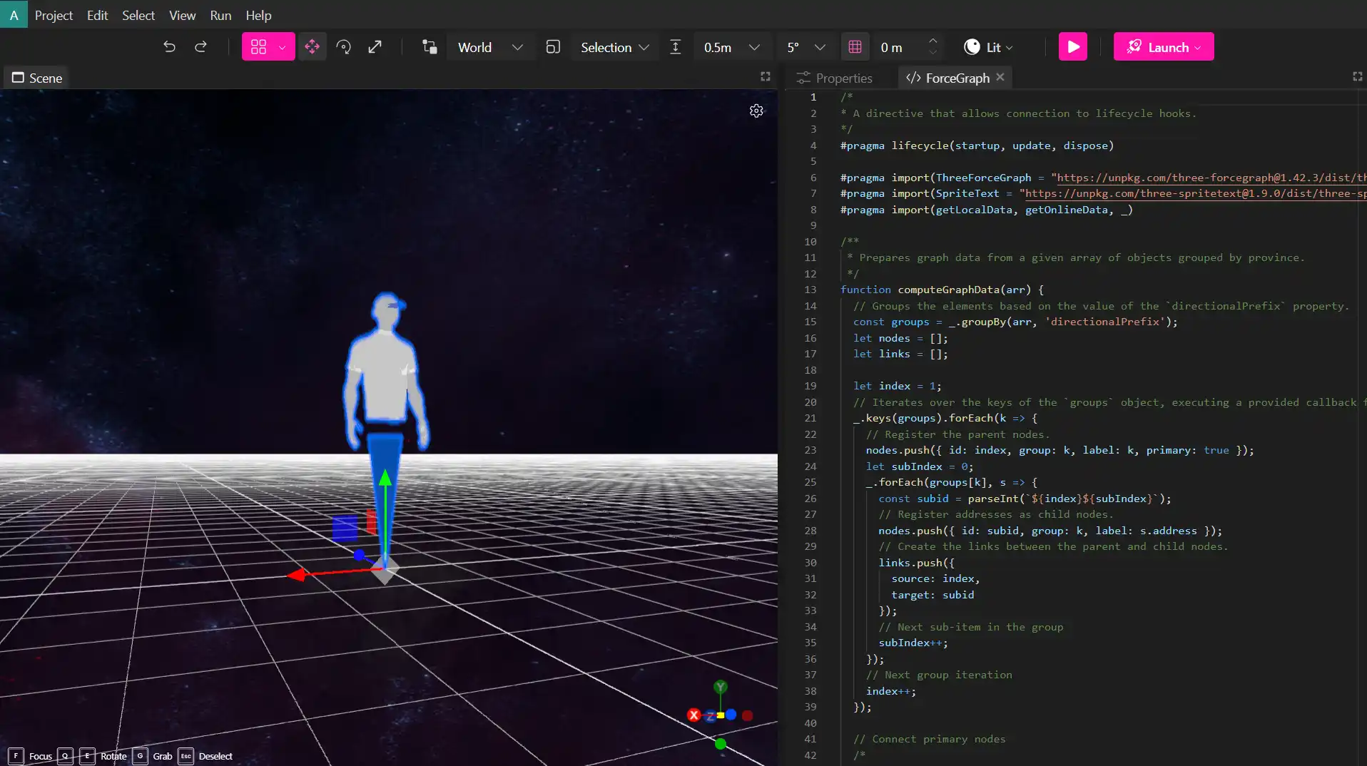 MUD Foundation XR Creator Studio showing a virtual environment with a humanoid avatar on a grid floor against a starry background, alongside a ForceGraph script for generating nodes and links from grouped data.