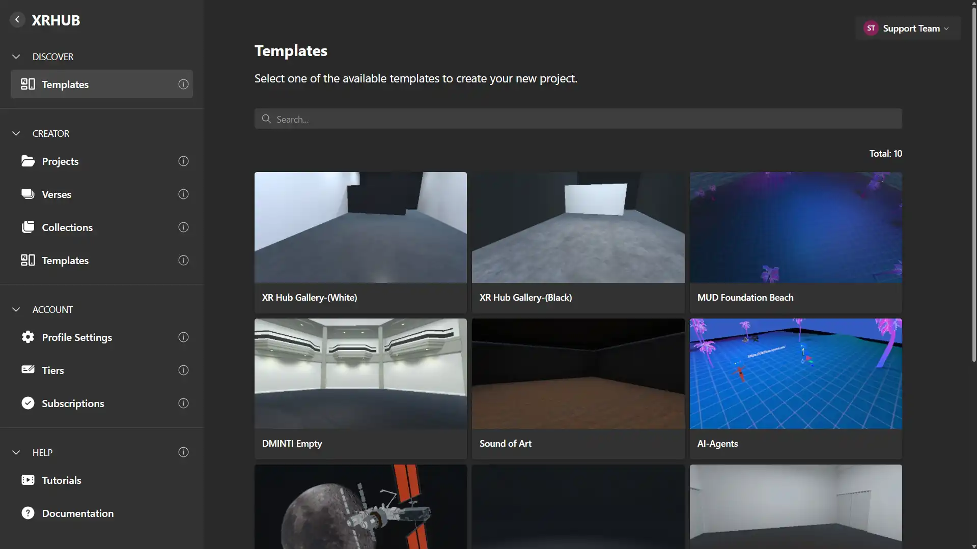 MUD Foundation XRHUB Templates page showing available virtual environment templates, including XR Hub Gallery, MUD Foundation Beach, DMINTI Empty, Sound of Art, and AI-Agents.