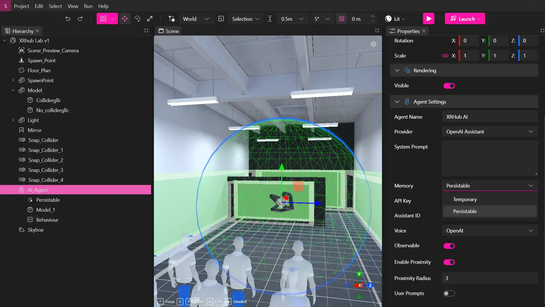 MUD Foundation XR Creator Studio showing an XRHub Lab environment with an AI agent selected, including its interaction radius, agent settings, and multiple virtual avatars in the scene.