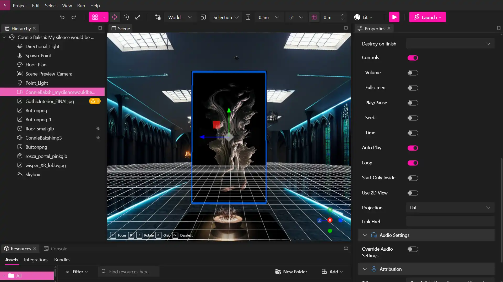 MUD Foundation XR Creator Studio showing a dark virtual gallery with a projected digital artwork selected in the scene, while video playback and audio settings are configured in the properties panel.