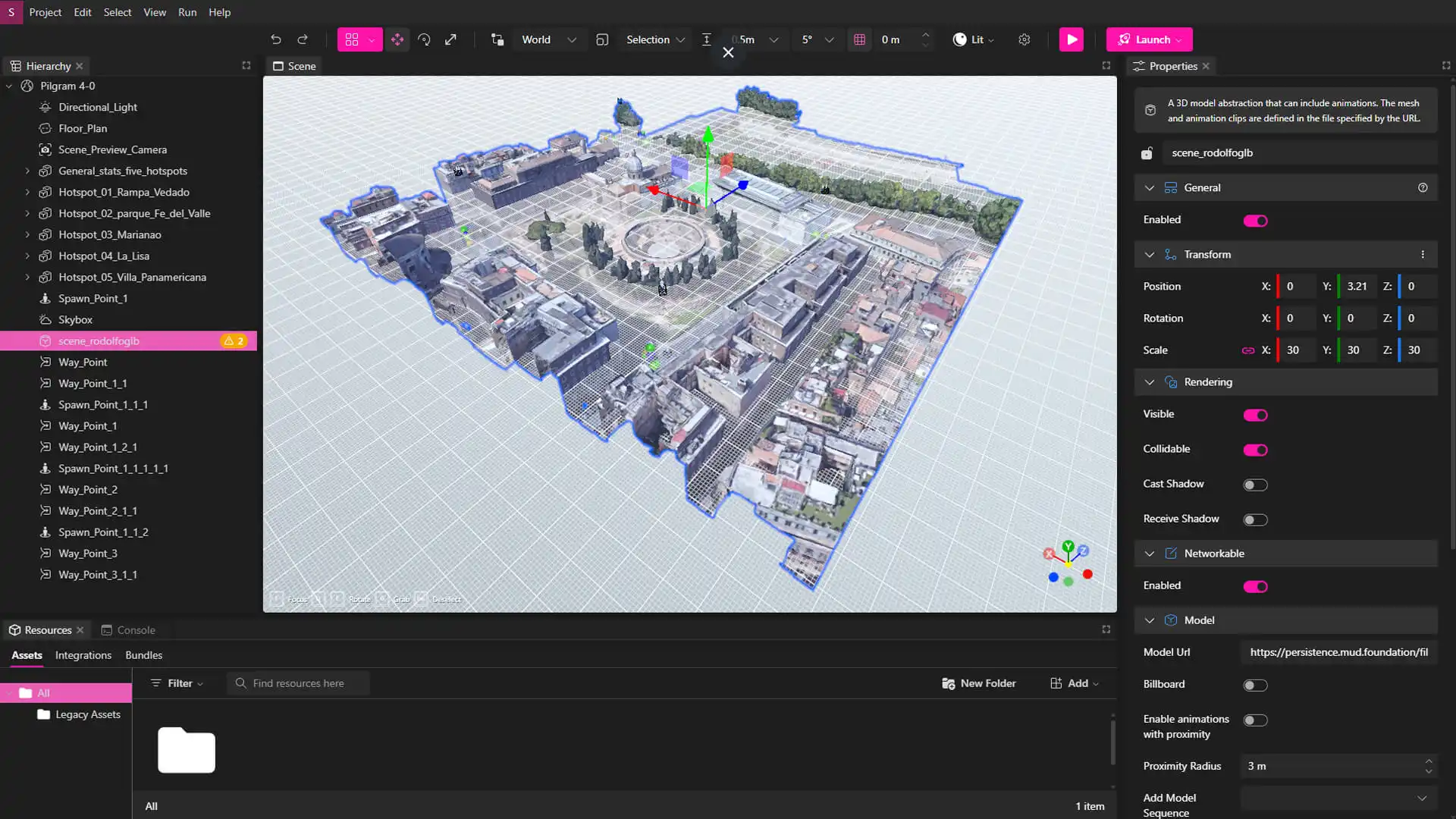 MUD Foundation XR Creator Studio showing the Pilgram 4-0 virtual environment, with a detailed 3D city model, central plaza, surrounding buildings, and multiple navigation waypoints selected in the scene.
