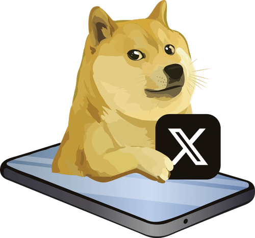 DogeOS character holding X app icon