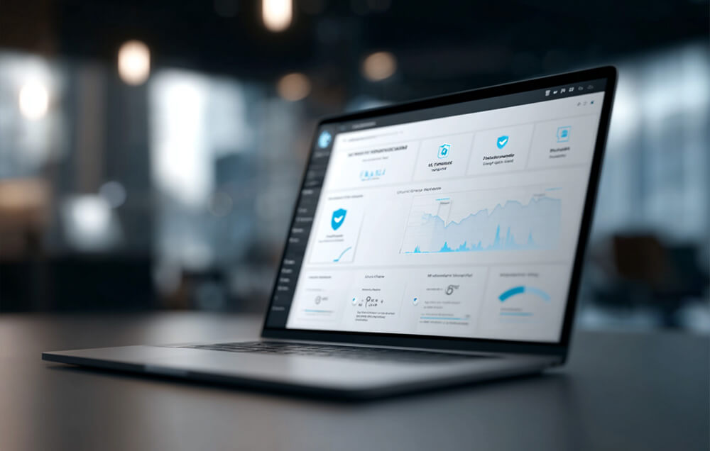 Laptop mit verschiedenen Statistiken, dunkle Atmosphäre
