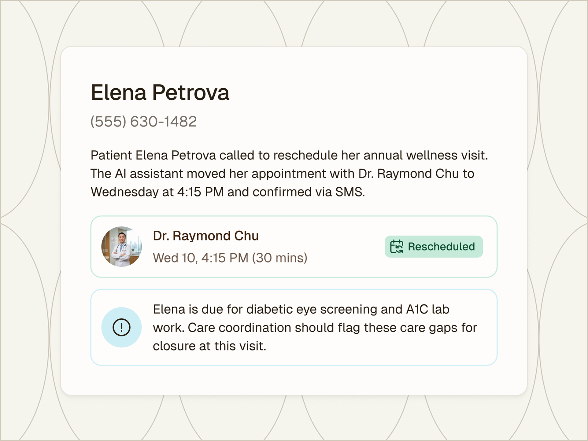Every conversation includes complete context and clear action items, so your staff can handle complex situations without missing a beat.