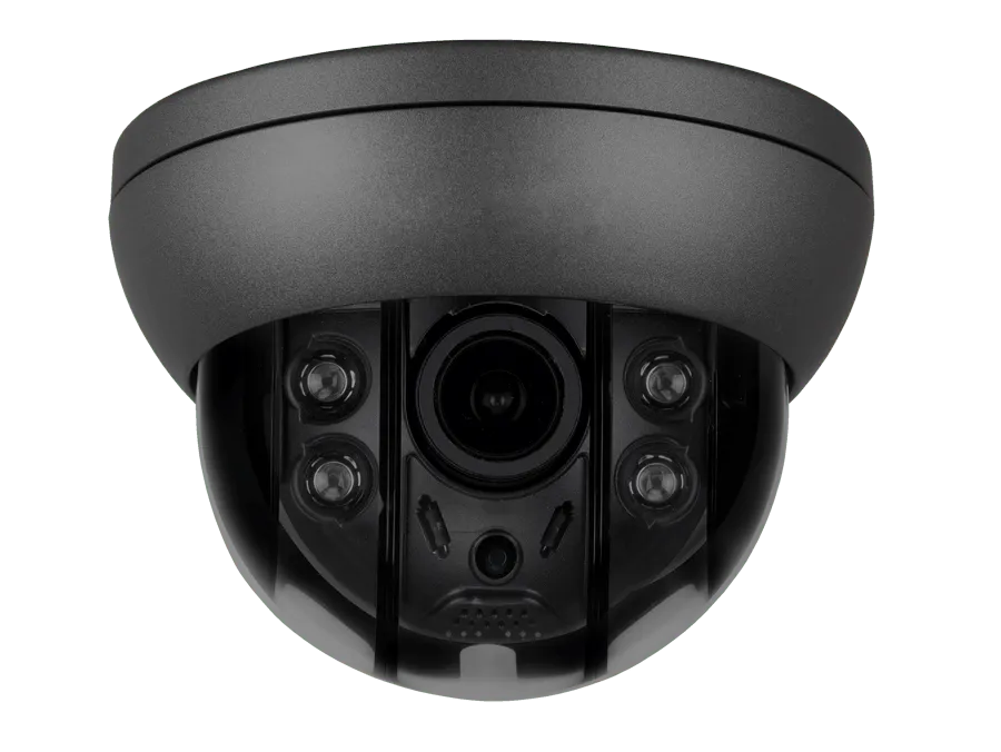 A black security camera with a white lens.