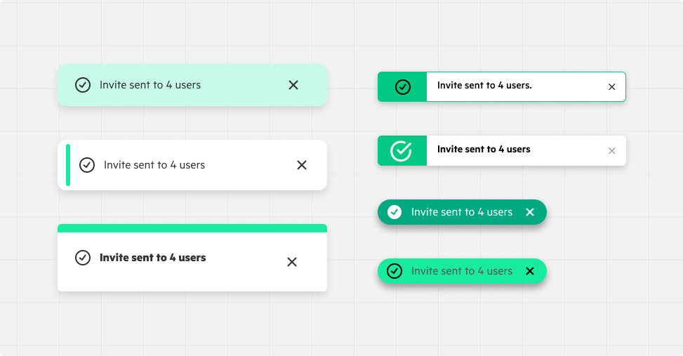 Seven different toast notification designs found in live products.