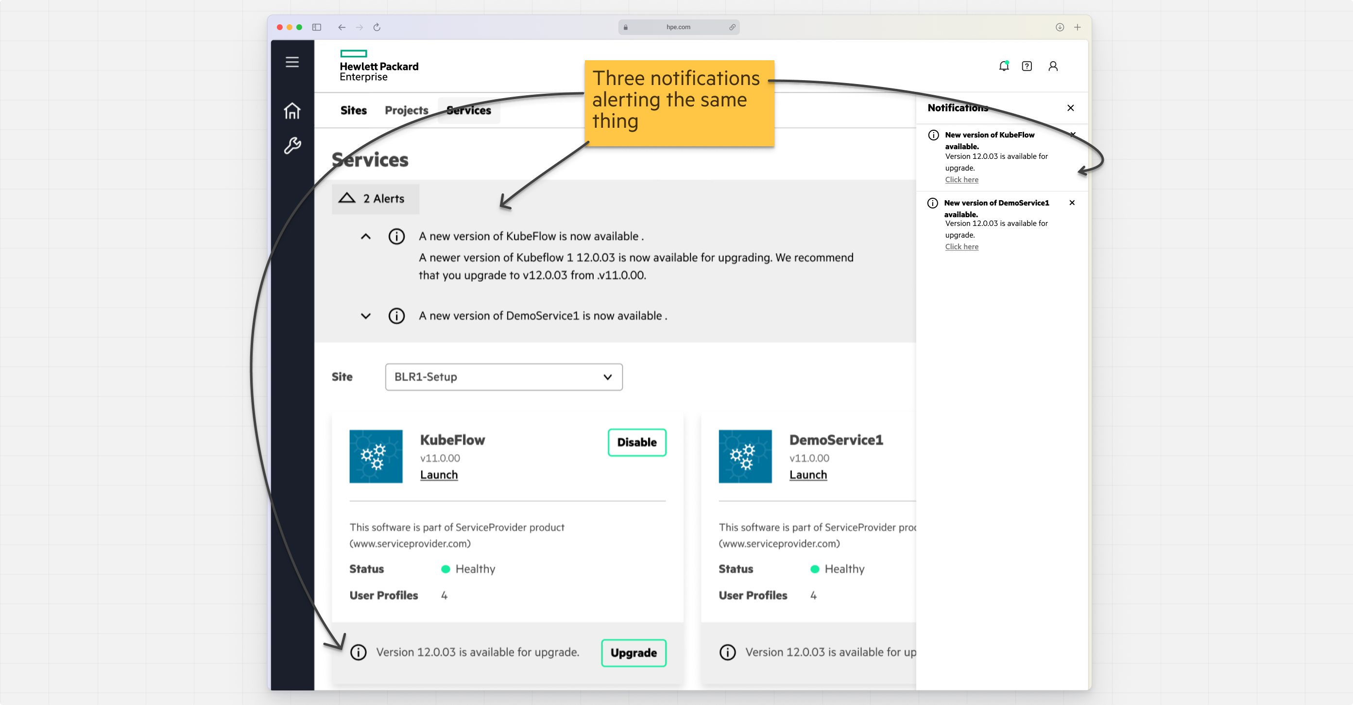An example of three notifications displaying the same content and being used on the same screen.