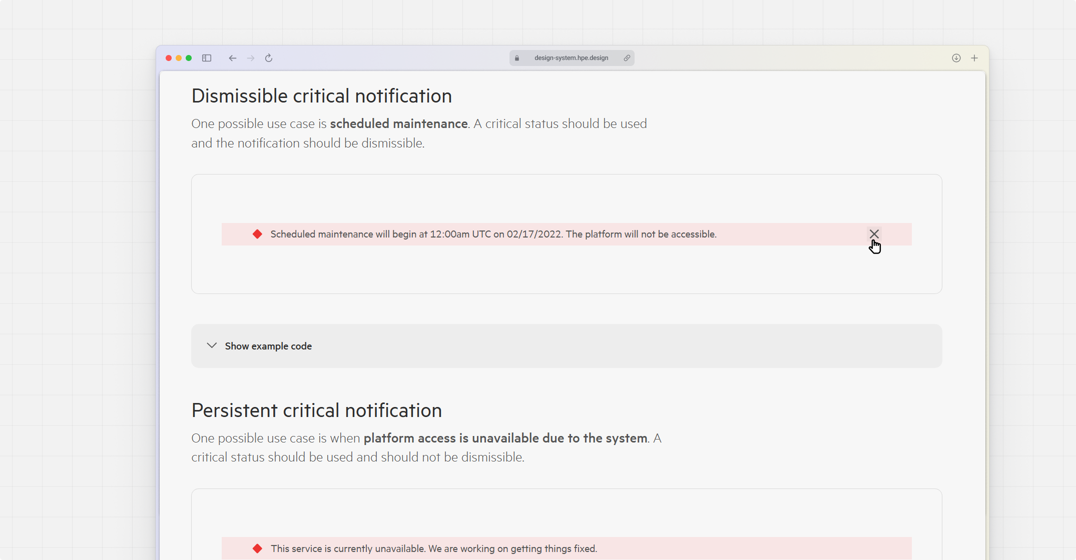 Screenshot of notification documentation.