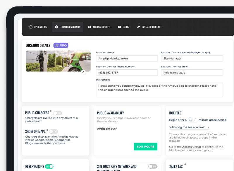 A view of the AmpUp Pro Dashboard showing charger location details and public availability settings
