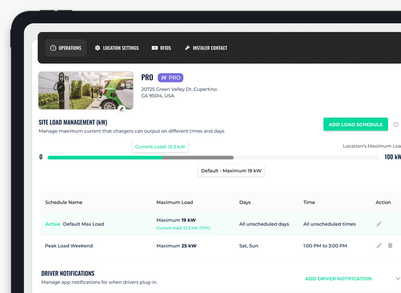 A view of the AmpUp Prop Operations Dashboard with Site Load Management settings