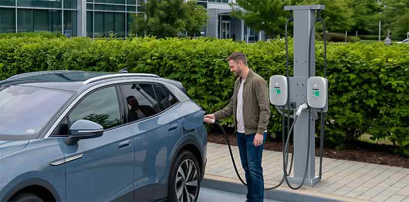 Man charging his EV at his apartment parking facility
