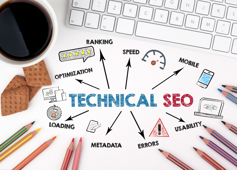 Technical SEO concept with keywords like "ranking," "speed," "mobile," and "errors" illustrated around the central text "TECHNICAL SEO," coffee cup, keyboard, and colored pencils on a desk.