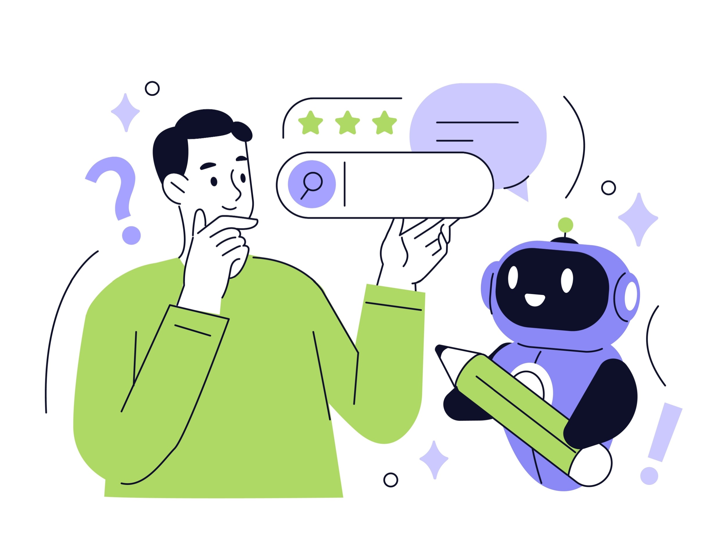 Person contemplating SEO strategies with chatbot holding a pencil, symbolizing generative SEO and AI-driven content optimization.