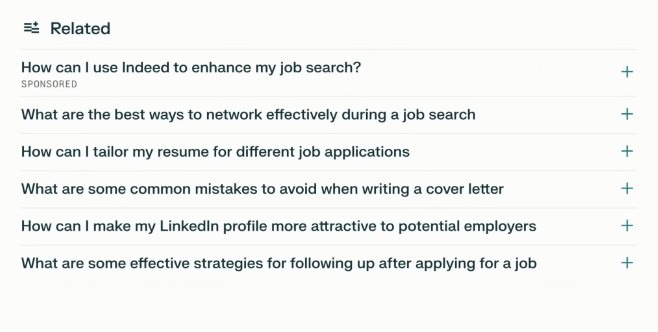 Screenshot of related job search questions and sponsored content highlighting tips for enhancing job search strategies and networking effectively.