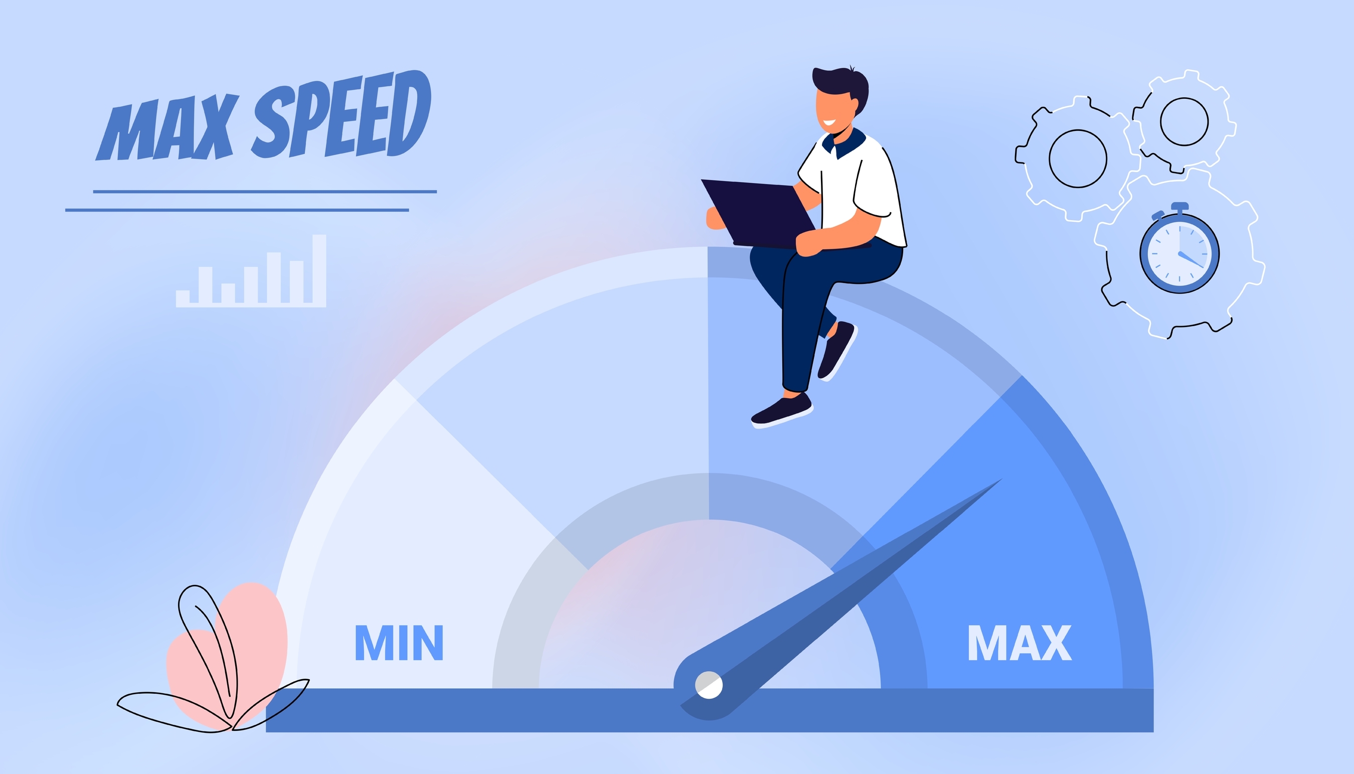 Person sitting on a speedometer, symbolizing maximum website performance and user experience, with gears and a clock, highlighting the importance of speed in search engine optimization.