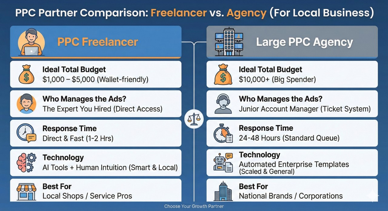 An infographic titled 'PPC Partner Comparison: Freelancer vs. Agency' comparing services for local businesses. It highlights that freelancers are ideal for $1,000–$5,000 budgets with direct expert access and 1-2 hour response times, while large agencies cater to $10,000+ budgets with junior account managers and 24-48 hour response times.