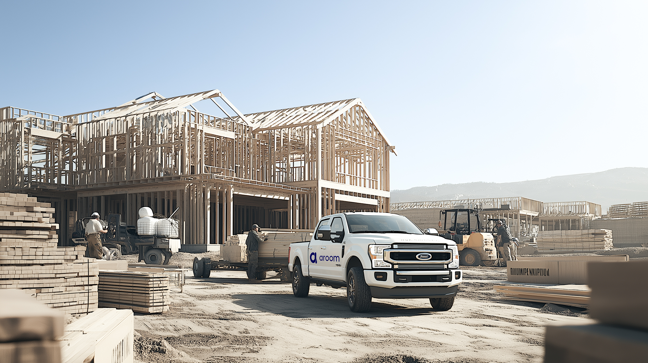 Aroom box truck is loading materials at the lumber store. There is a house construction scene at the back 