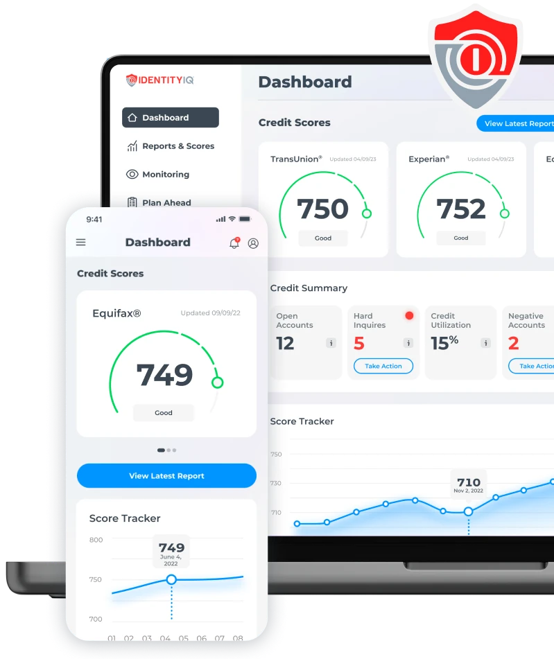 IdentityIQ interface showing good credit scores and happy people