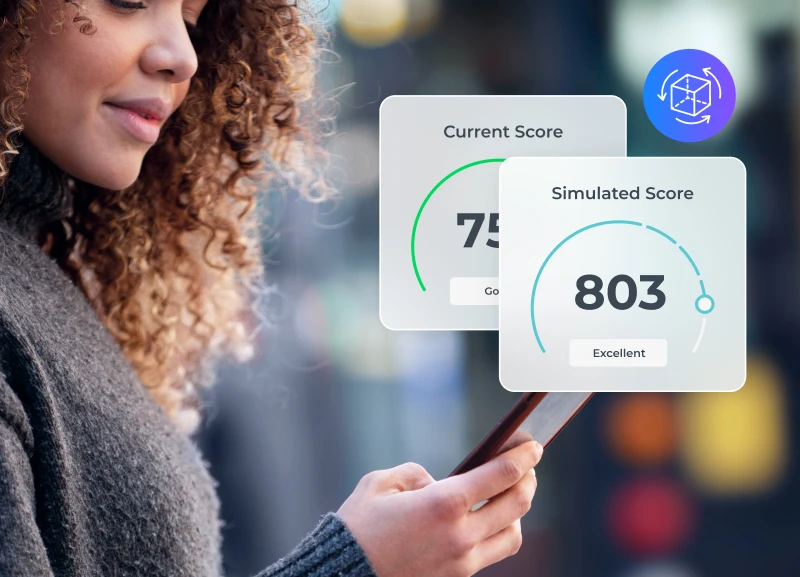 a woman looking at her phone with two widgets popping out, one of her current credit score, and one of her simulated credit score which is a better score