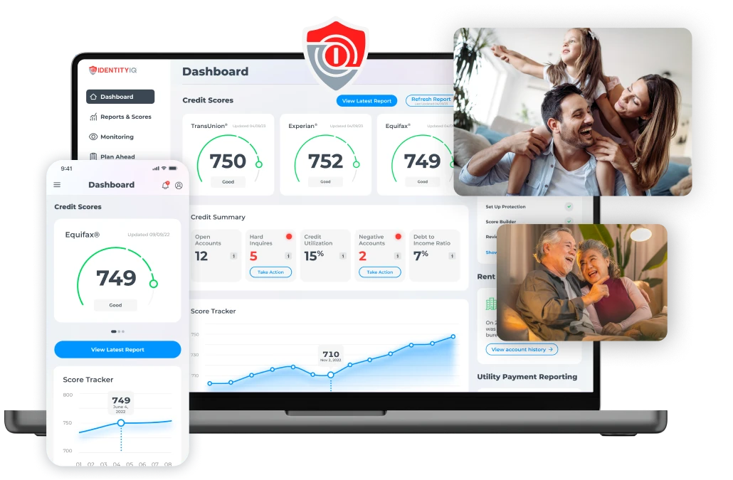 IdentityIQ interface showing good credit scores and happy people