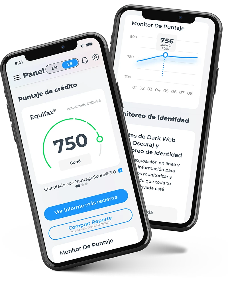 2 teléfonos mostrando el panel de IdentityIQ con puntuaciones de crédito