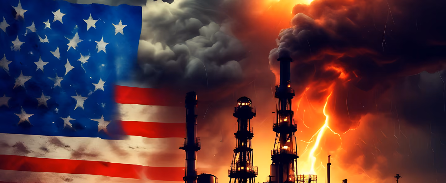 Industrial refinery at night with an American flag