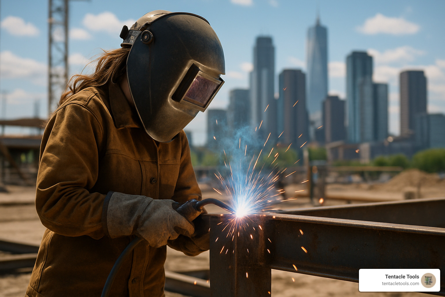 female welder mid-arc on construction project - construction welder jobs
