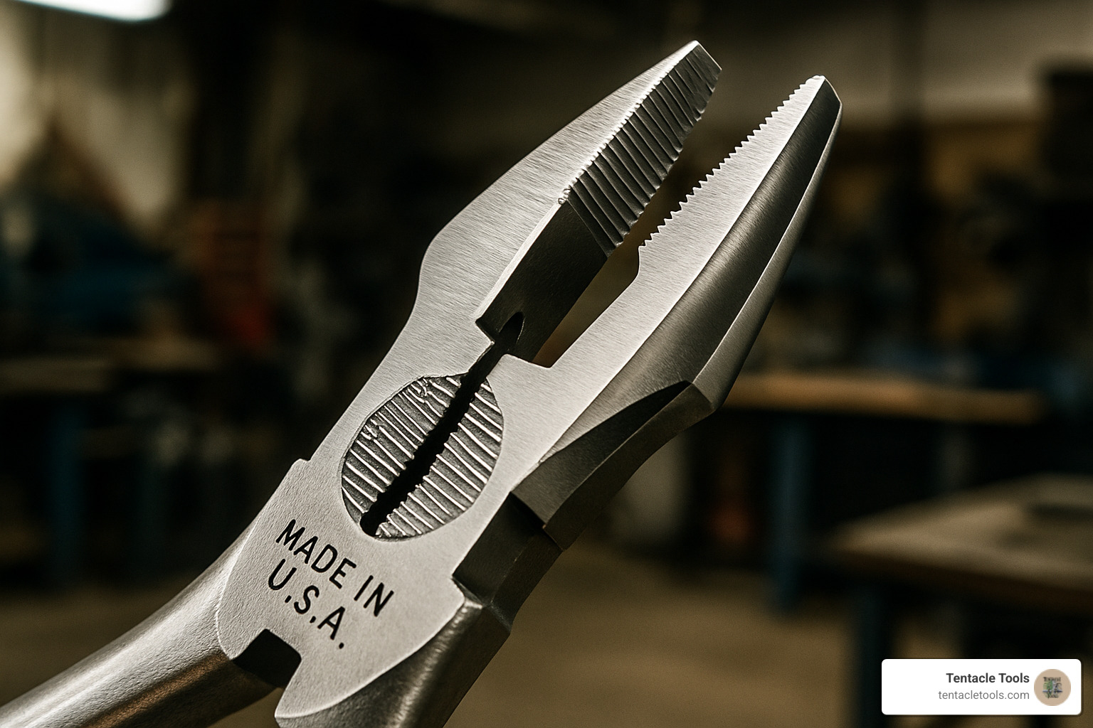 Close-up of welding plier jaws showing precision machined grooves and cutting edges - American made welding pliers