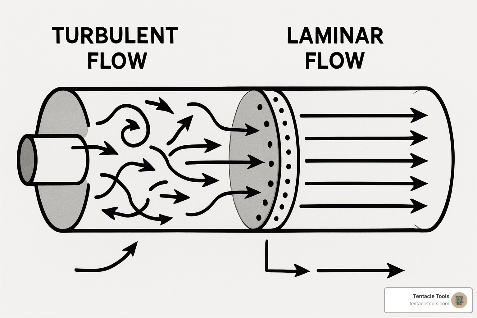 Diagram showing turbulent gas flow from open hose versus smooth laminar flow from diffuser inside pipe - argon purge diffuser