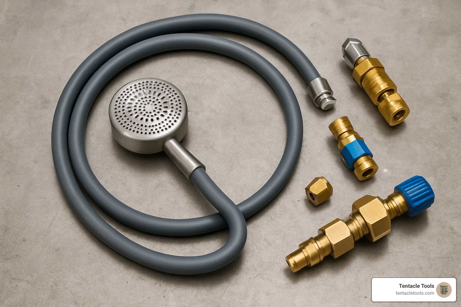 Complete argon purge diffuser kit with diffuser head, hose, and valve laid out - argon purge diffuser