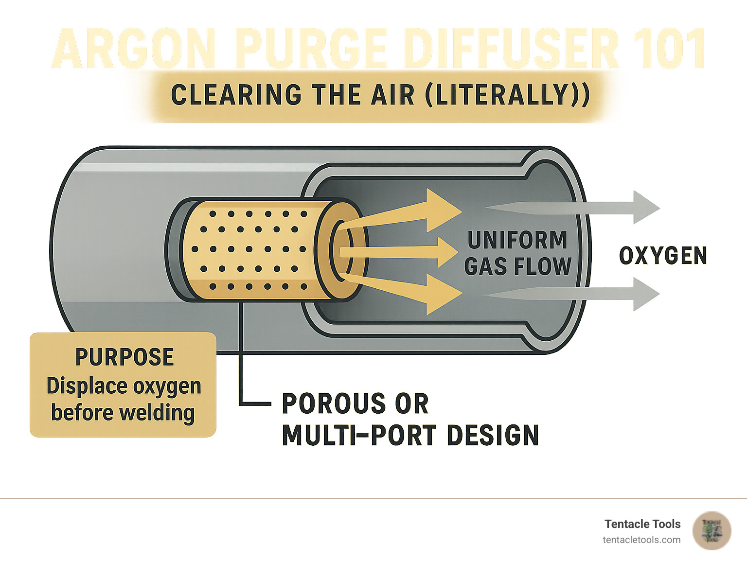 Infographic showing cross-section of pipe with argon purge diffuser inside creating uniform gas flow to displace oxygen before welding, with arrows showing gas distribution pattern and oxygen being pushed out - argon purge diffuser infographic 