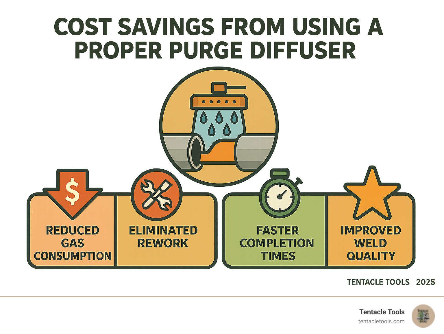 Infographic showing cost savings from using proper purge diffuser: reduced gas consumption, eliminated rework, faster completion times, and improved weld quality - argon purge diffuser infographic 