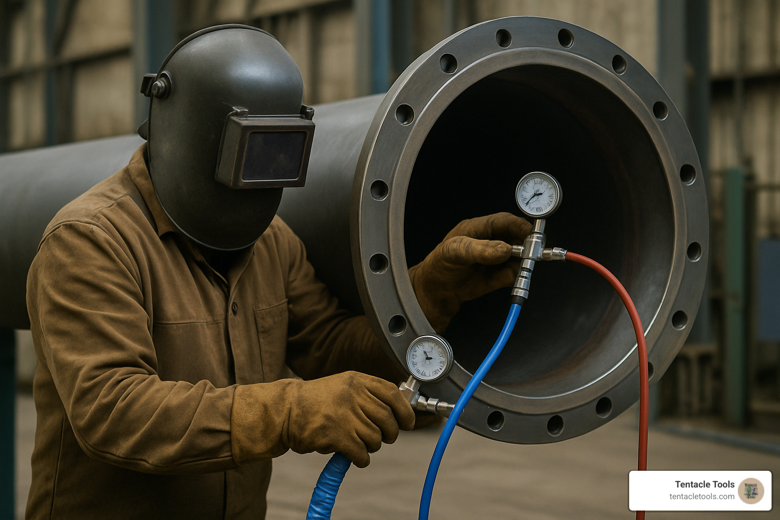 Welder setting up purge system on large diameter industrial pipe - argon purge diffuser
