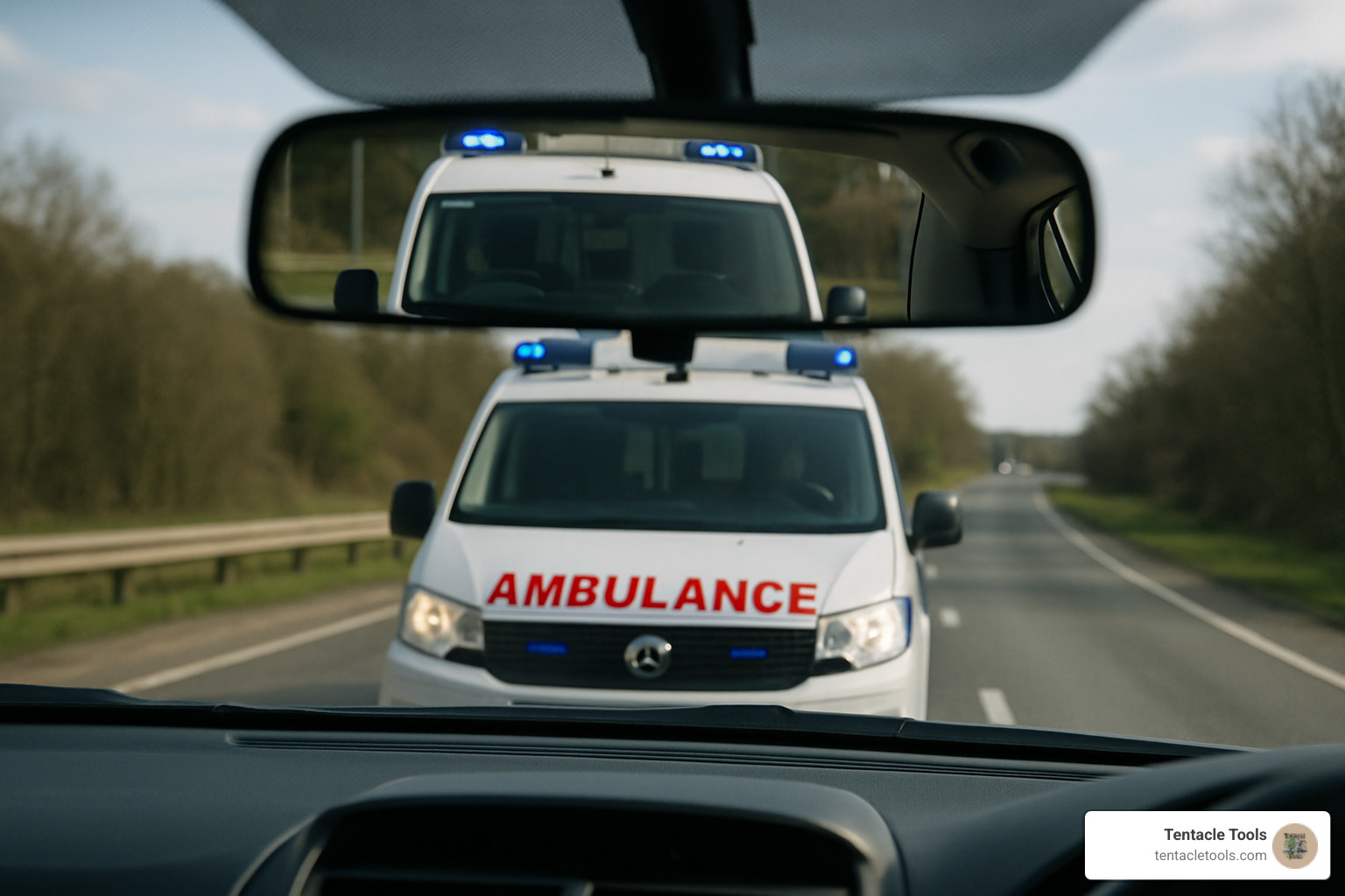 ambulance text correctly read through a car's rearview mirror - reading mirror