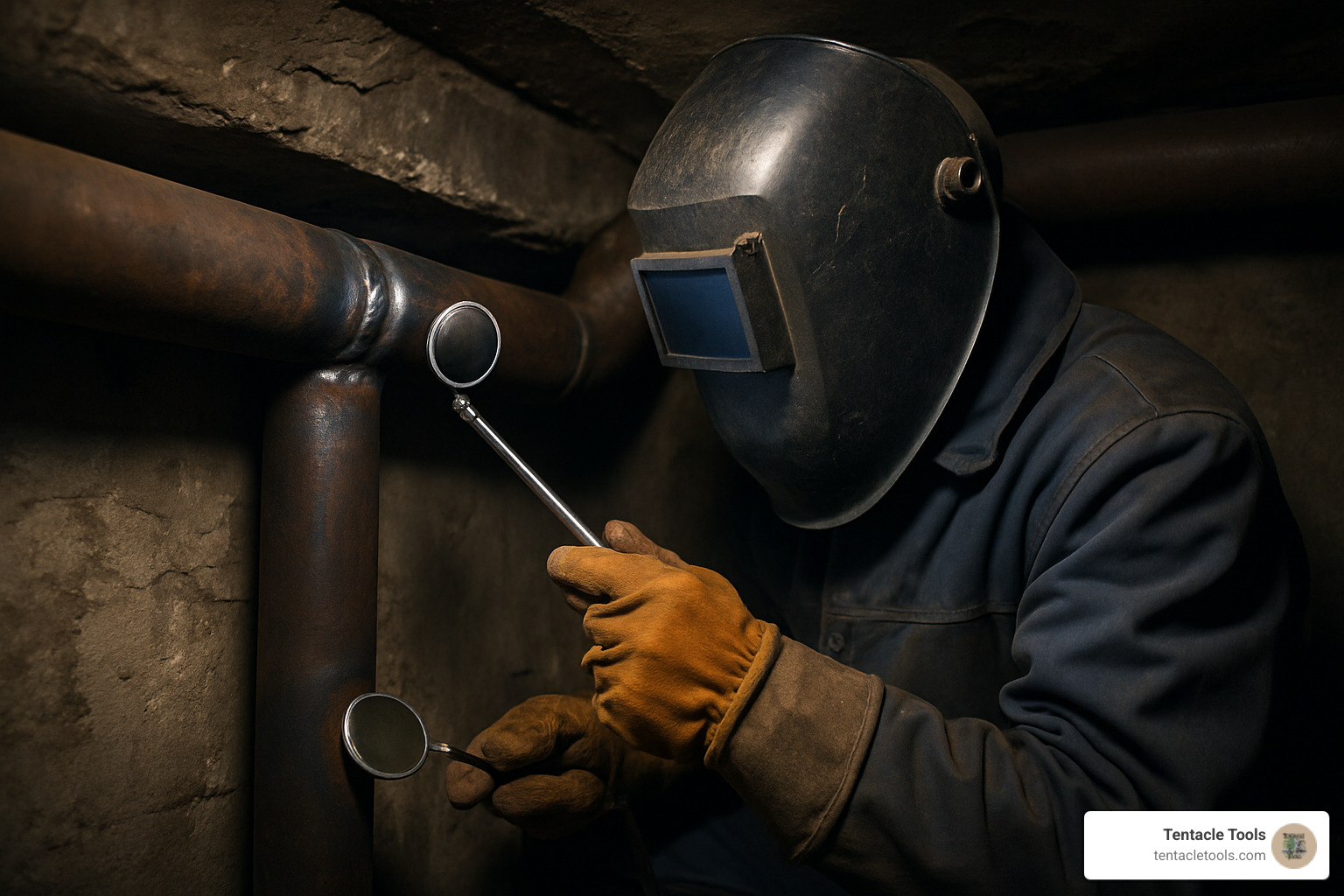 welder in full gear using a telescoping inspection mirror to check a pipe weld in a tight space - reading mirror