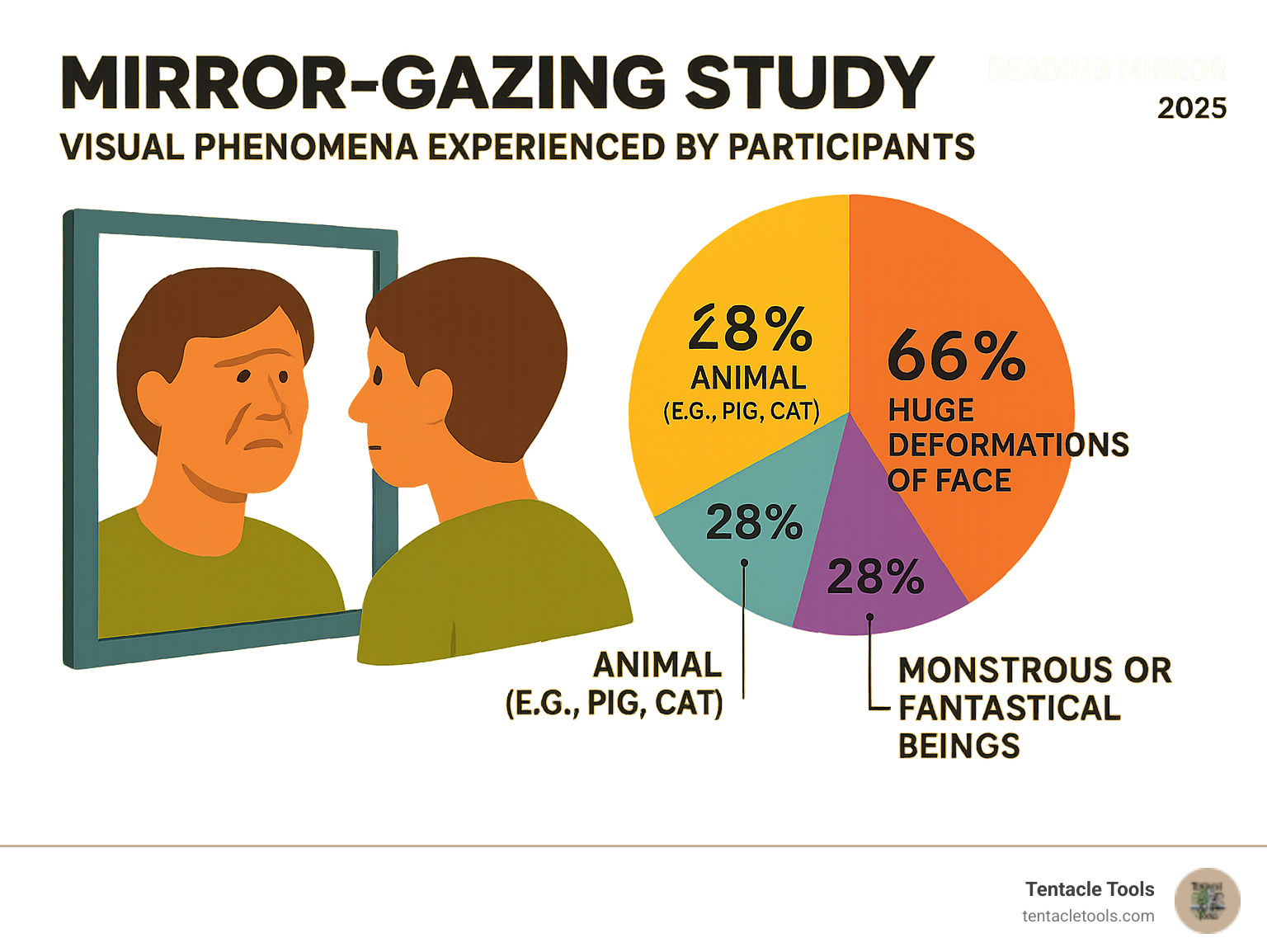 Statistical breakdown of Giovanni Caputo's mirror-gazing study showing percentages of different visual phenomena experienced by participants - reading mirror infographic 