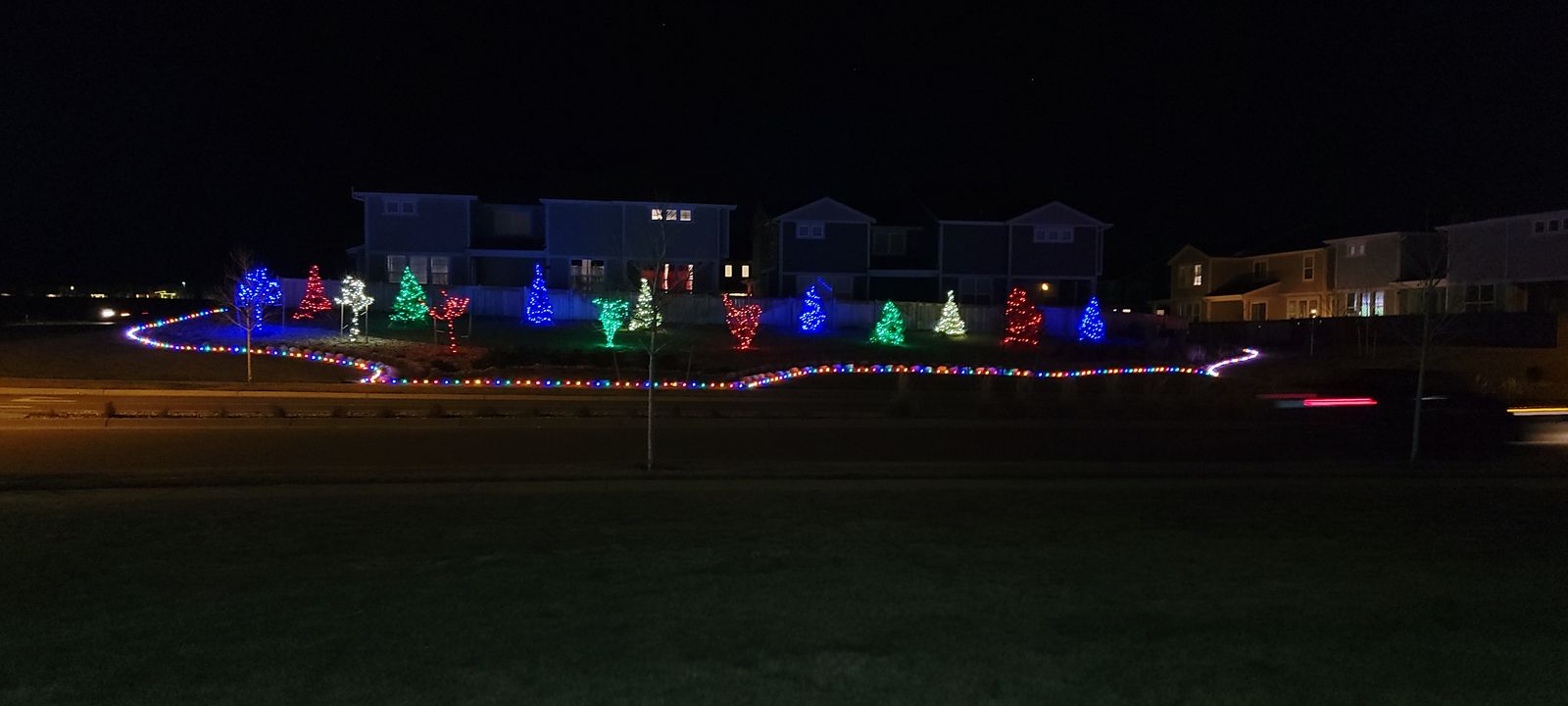 Multicolor holiday light installation across trees at a Denver-area community entrance