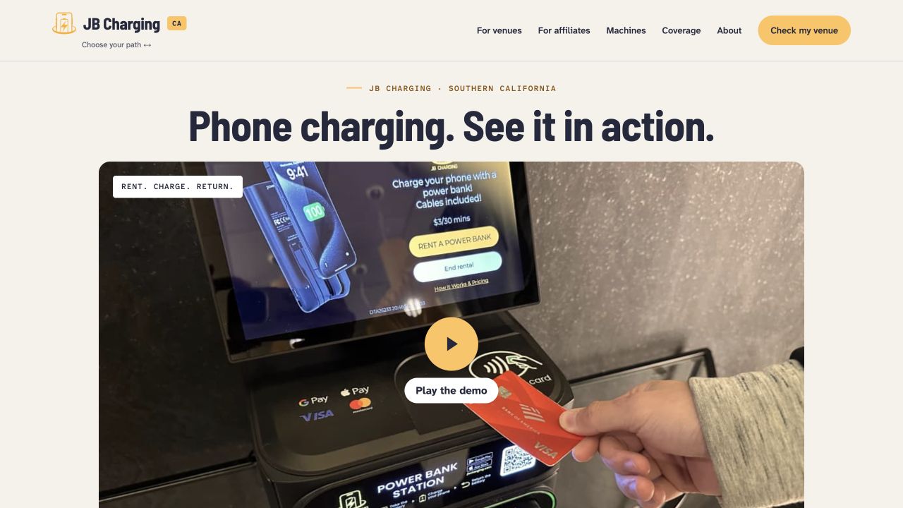 JB Charging's cream and gold homepage with a phone charging demonstration.