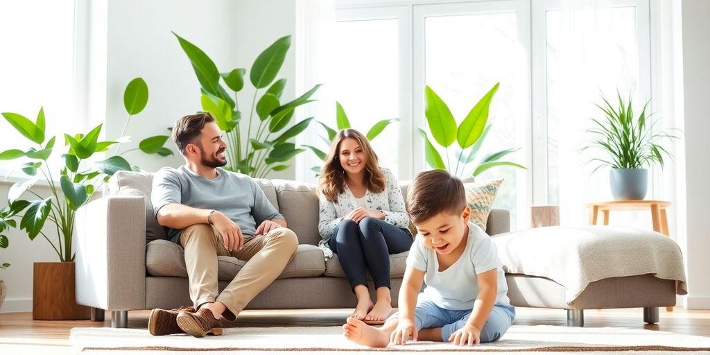 Family smiling in their sunlit living room.