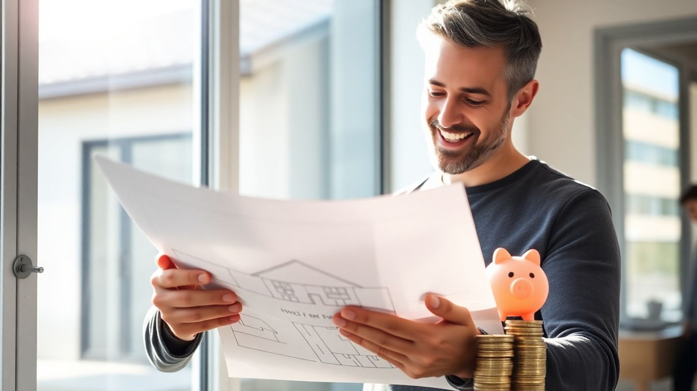 Homeowner with piggy bank and coins, planning home equity loan.