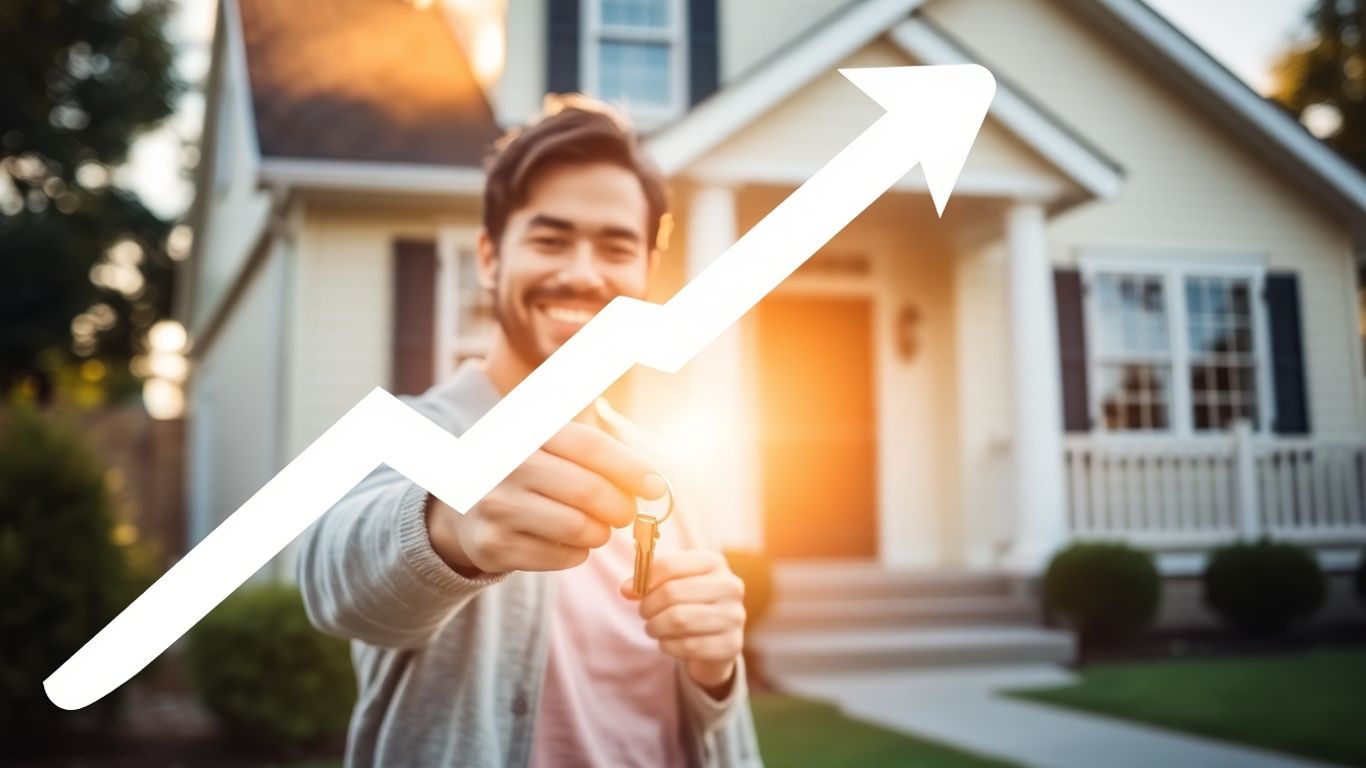 Homeowner with key, house, and upward financial arrow.