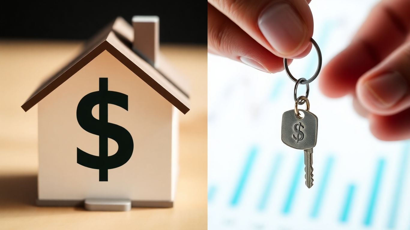 House and key with dollar signs, financial options.