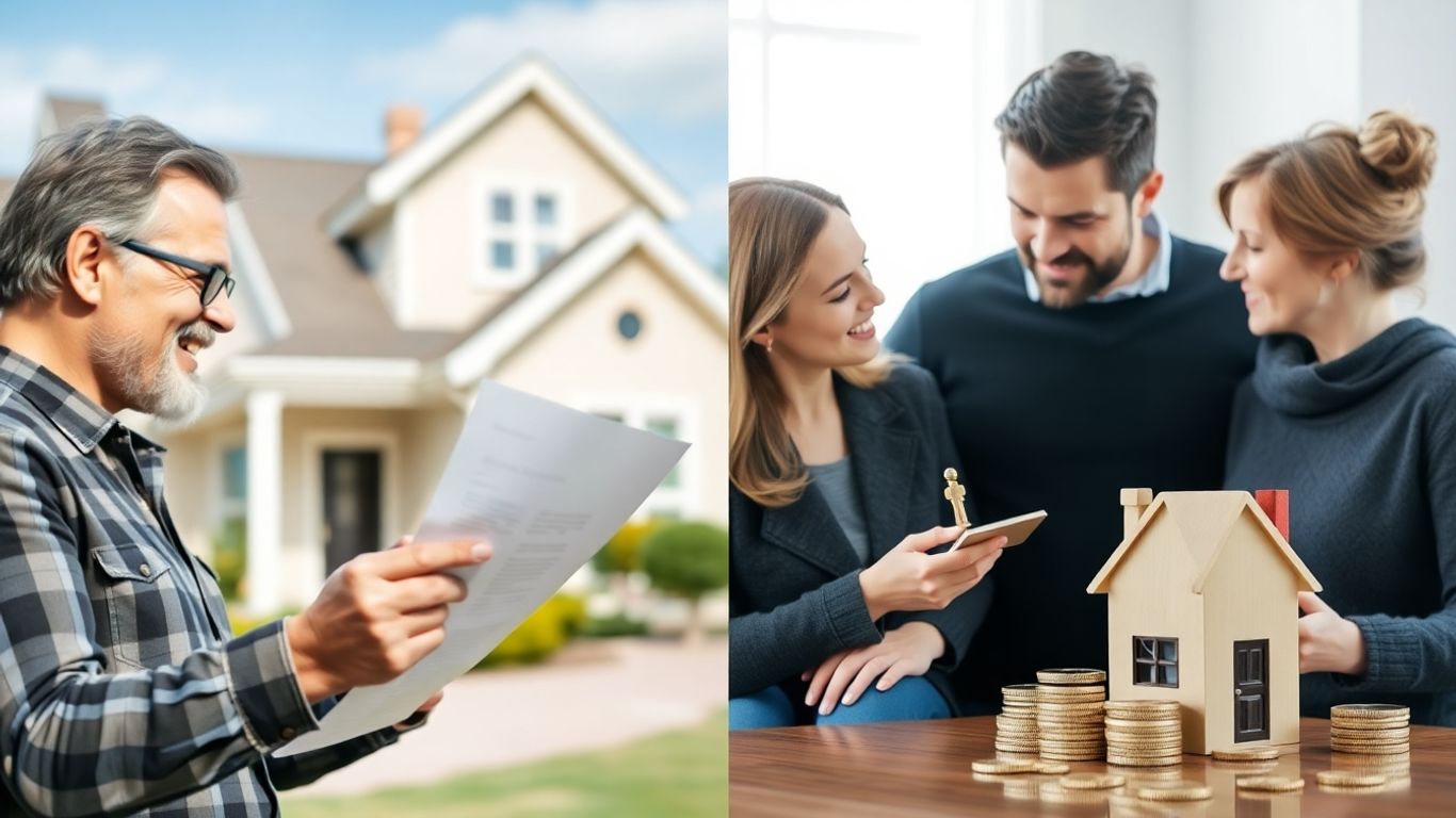 Homeowner and couple discussing financial options with house.
