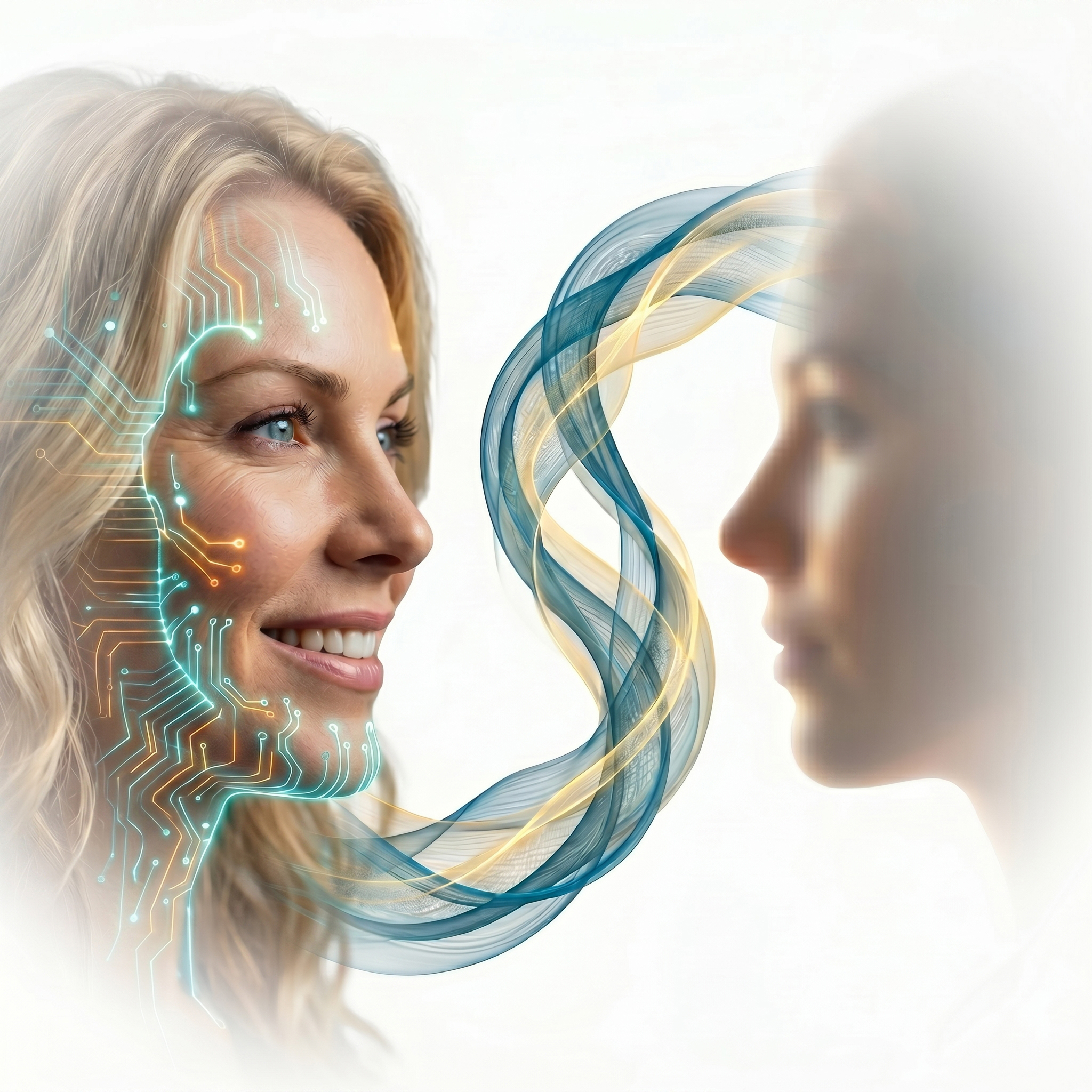 Smiling woman with digital circuit pattern on her face facing a translucent mirrored version of herself connected by flowing blue and gold waves.