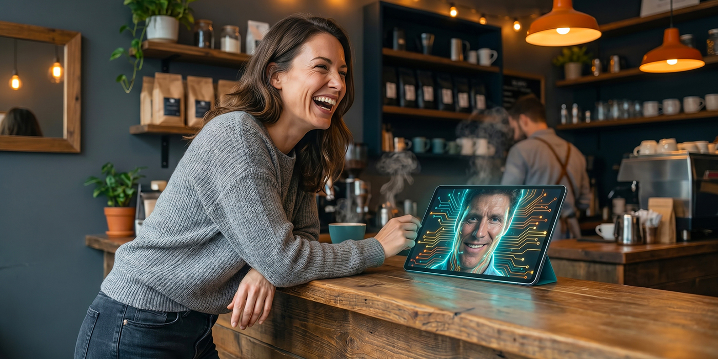 Woman in a gray sweater laughing while video chatting with a man on a tablet in a cozy coffee shop.