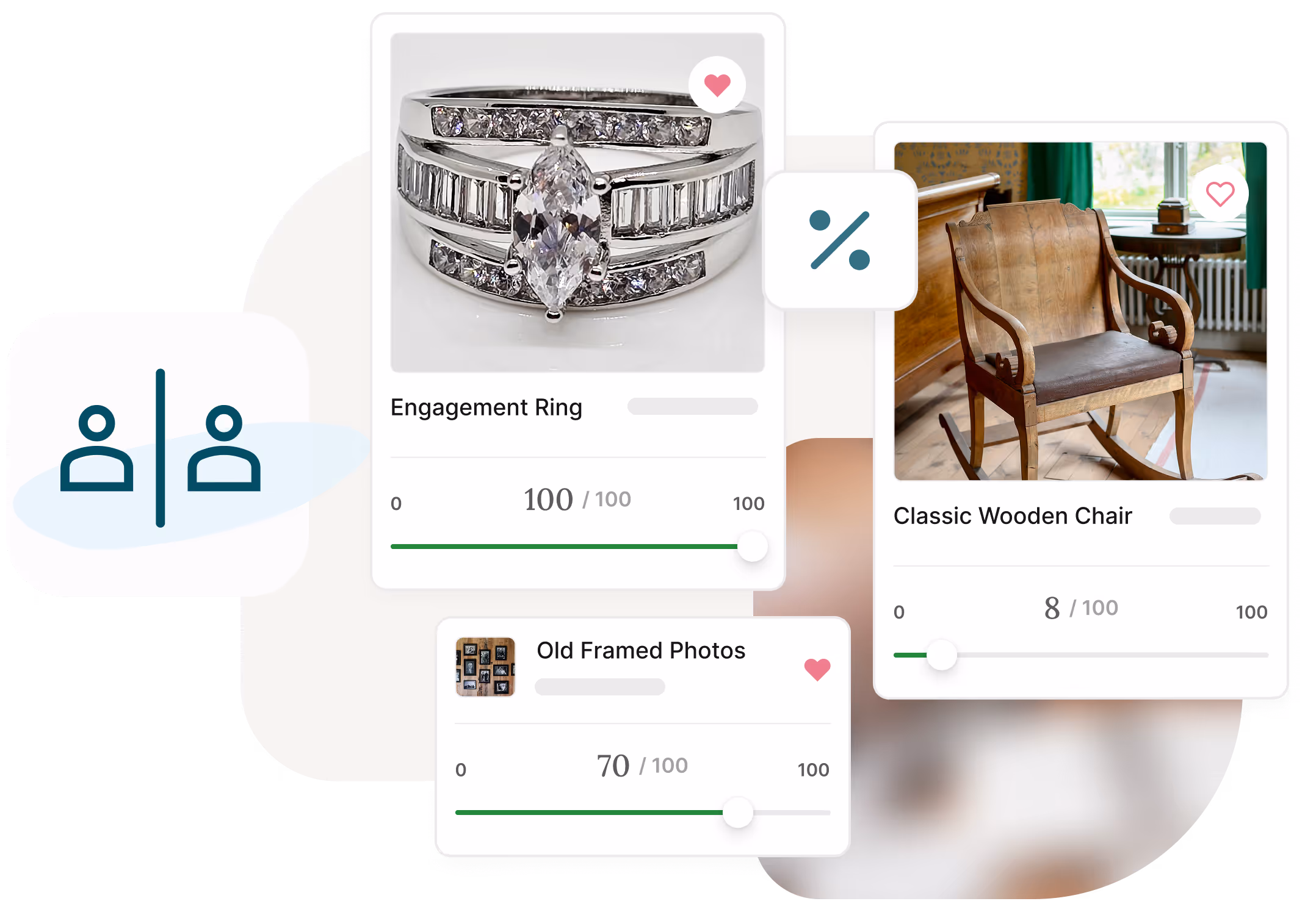 Fair Divide image of three items with a ring, photos, and wooden chair where you can select how much percentage you would like to have that item.