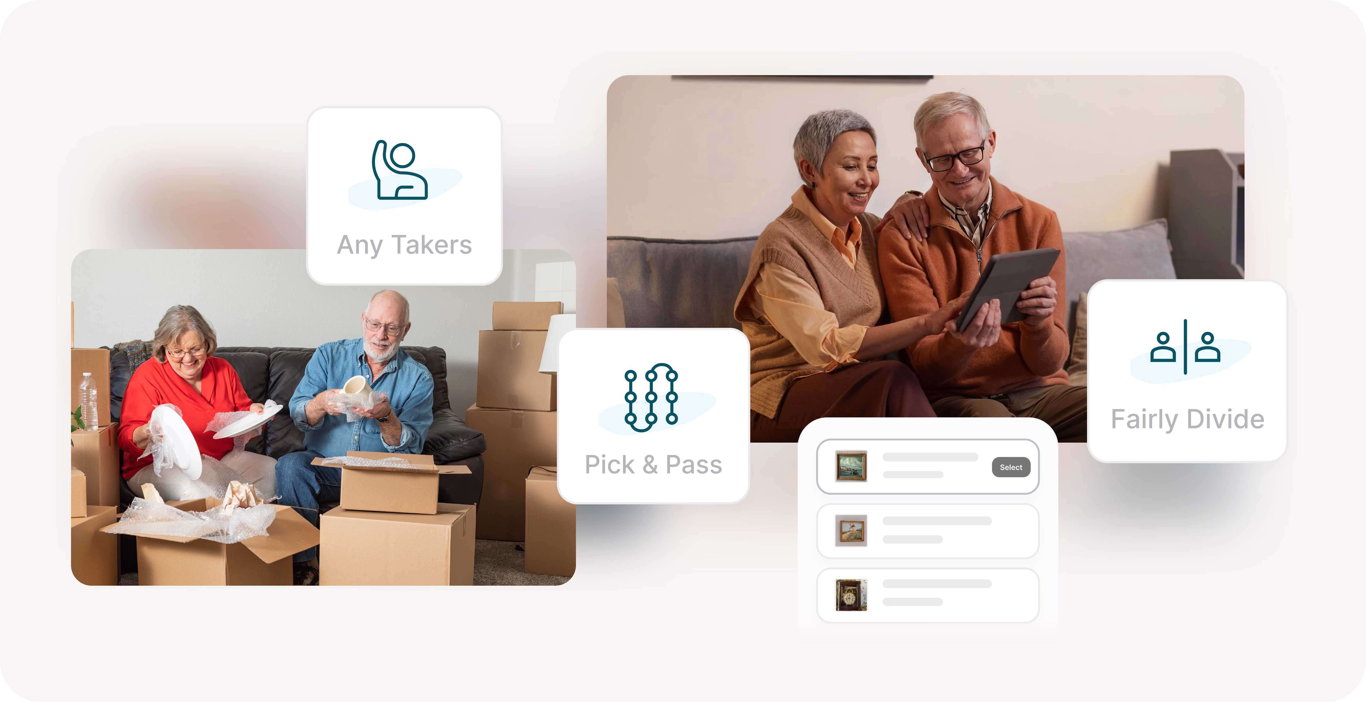 Families viewing different ways to divide their items with the images for Any Takers, Pick & Pass, and Fairly Divide