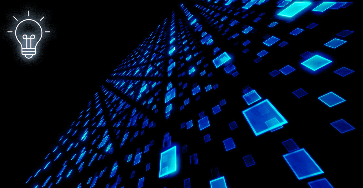 Abstract digital landscape with glowing blue data blocks forming a grid on a dark background, symbolizing data flow and technology. A light bulb icon in the top left represents thought leadership.