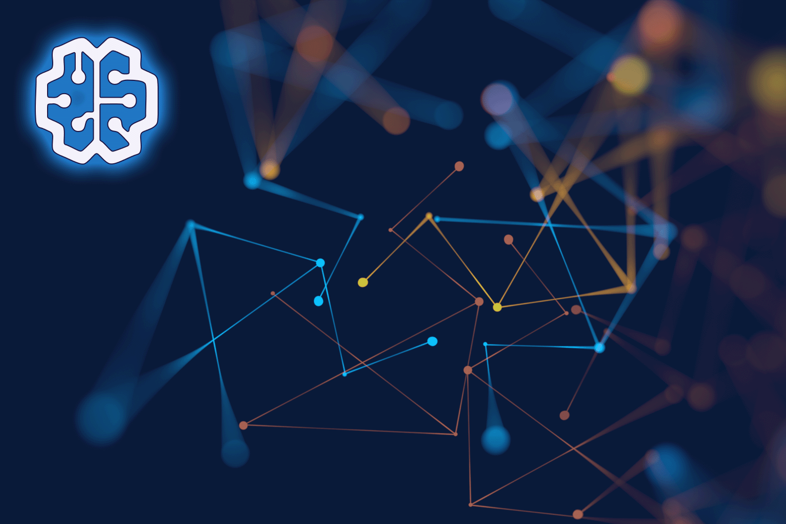 Abstract digital network representing data governance with interconnected nodes and lines on a dark background. There's a glowing brain-shaped AI or data intelligence icon in the top-left corner.